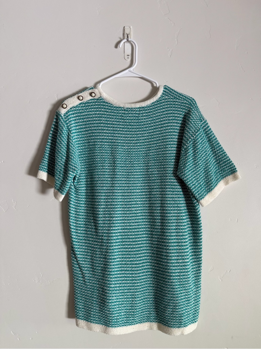 Striped Teal and White Knit Top with Shoulder Buttons